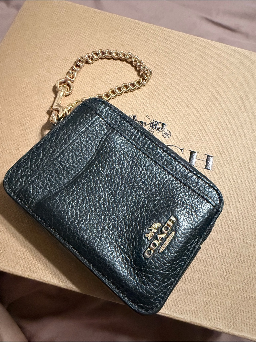 Coach Black Pebbled Leather Card Holder with Gold Chain